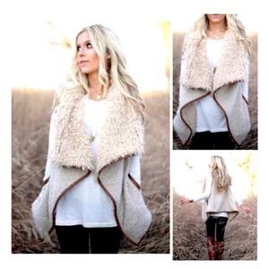 Love Tree Cream and Brown Fuzzy Open Front Vest